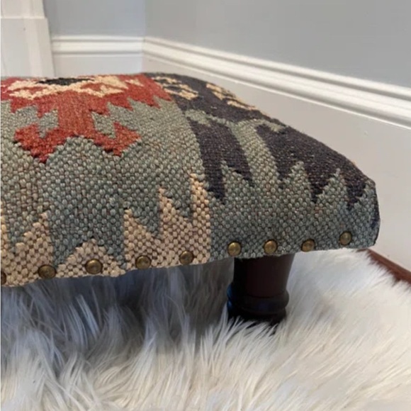 FOOTSTOOL ~ Geometric Patterned Footstool w/Nailhead Rivet Accents Wooden Feet - Picture 2 of 7